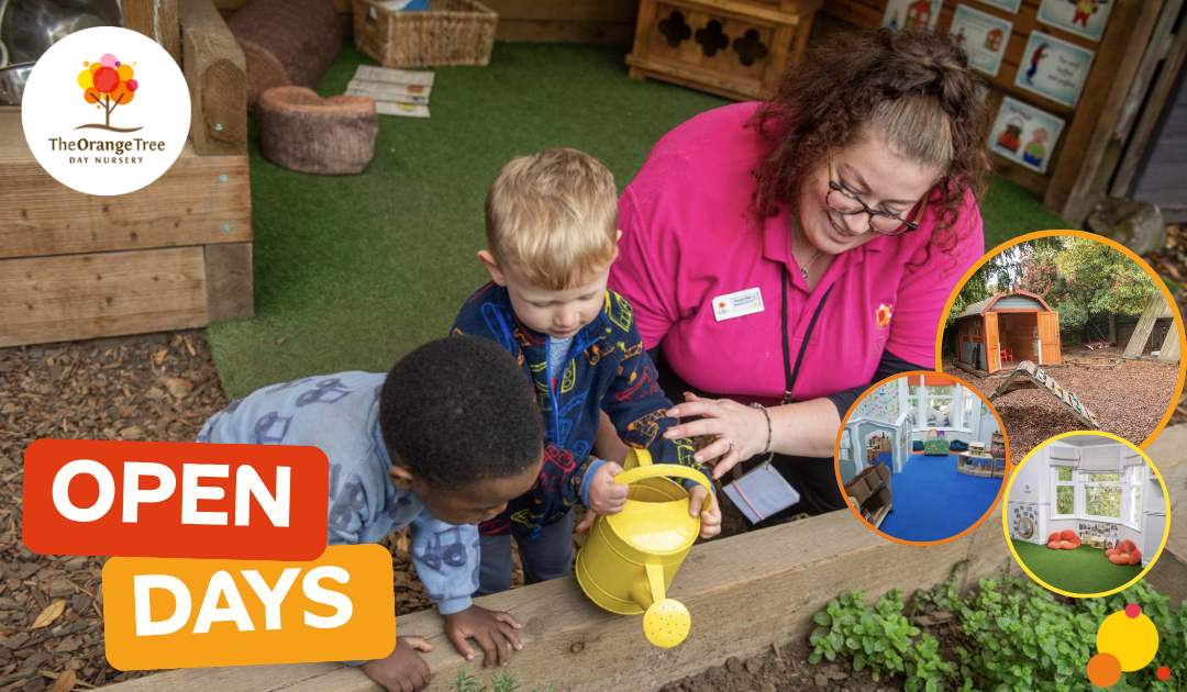 Woman wearing pink uniform is playing with two small boys with watering cans during the learning session in The Orange Tree Day Nursery in Burton